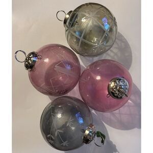 Vintage Pottery Etched Glass Large Holiday Ornaments Set of 4